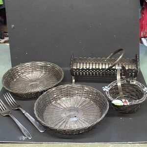 6 pc metal basket, silver plate biscuit tray, 2 silver wire bread basket…